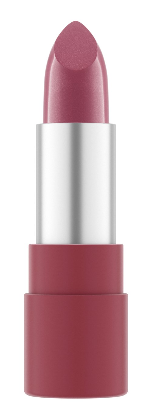 Ein rosa Lippenstift in einer silbernen Hülse mit passendem pinkem Deckel. Der Lippenstift ist teilweise ausgefahren.
