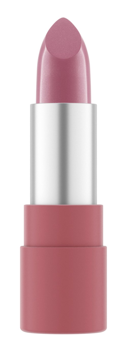 Ein pinker Lippenstift in einer weißen und pinken Hülle. Der Lippenstift ist oben und einsatzbereit.