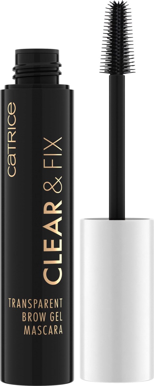 Black and white mascara tube with brush, labeled 'Clear & Fix' for eyebrows, used to shape and hold brows.