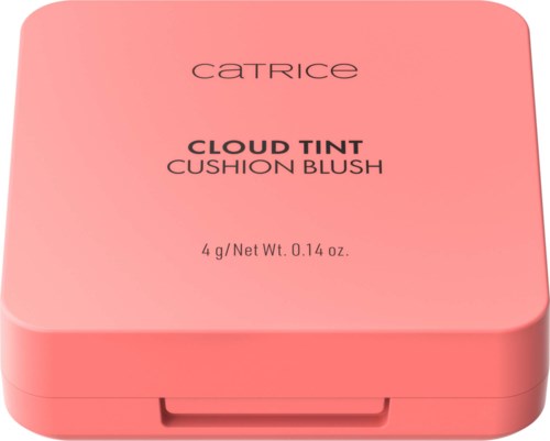 Pinker quadratischer Compact mit schwarzem Text: CATRICE CLOUD TINT CUSHION BLUSH und Gewichtsangaben.