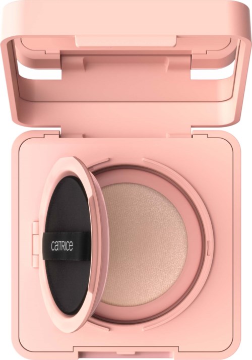 Rosa Make-up-Compact mit rundem Presspuder und Spiegel im Deckel.