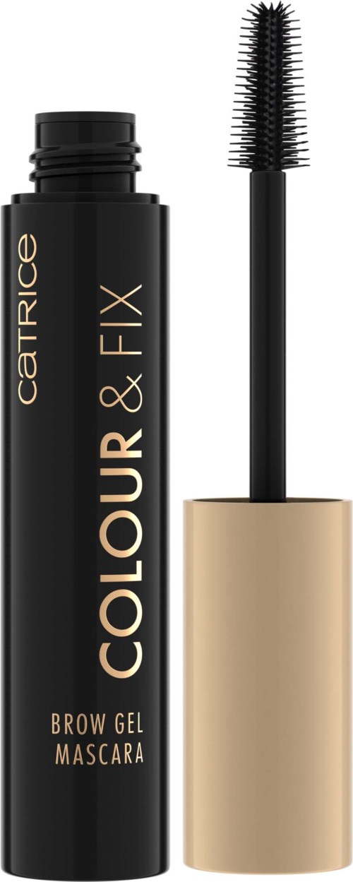 En svart mascara-tub med ett guldlock och en borste, märkt 'Catrice Colour & Fix Brow Gel Mascara.'