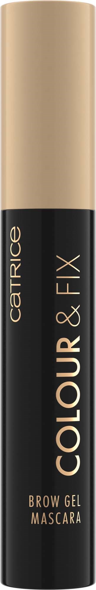 Ett svart och beige rör märkt 'Brow Gel Mascara' från Catrice, används för ögonbryn.