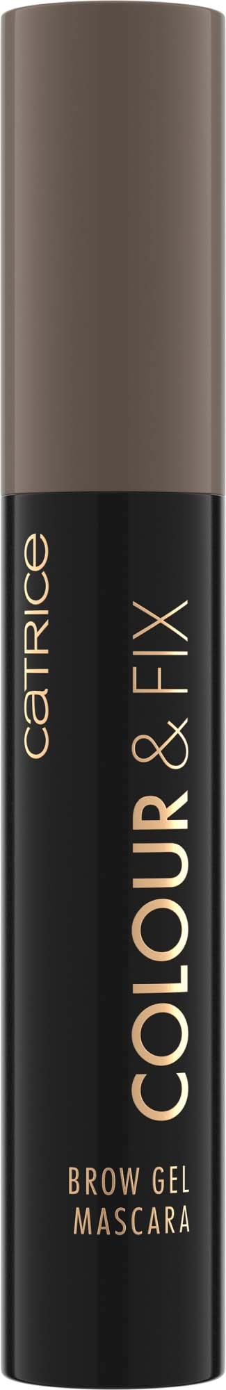 Ein braunes Produkt mit der Beschriftung CATRICE Colour & Fix Brow Gel Mascara in einer schwarzen und beigen Tube.