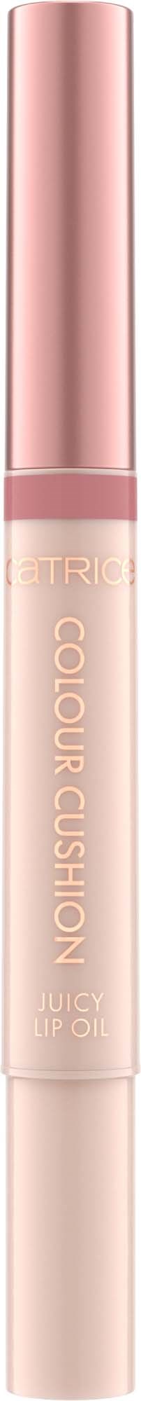 Een licht beige vloeibare lipstick met roze dop. Het is gelabeld 'Colour Cushion Juicy Lip Oil.'