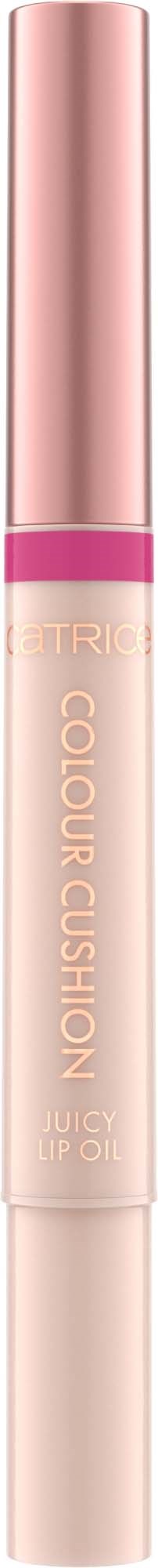 Een lipglosshuls met roze dop en beige lichaam, gemerkt 'Colour Cushion' en 'Juicy Lip Oil'.