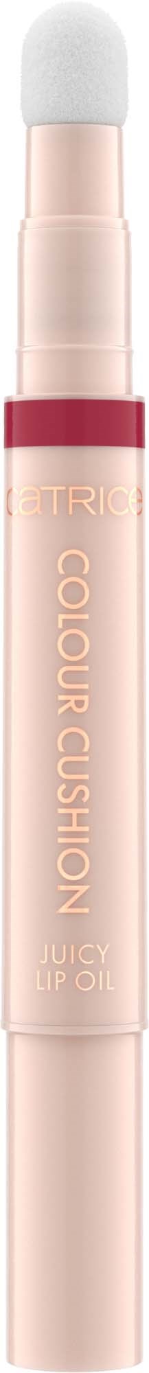 Lippenverzorging pen met witte sponsapplicator en lichtroze behuizing, met opschrift 'Colour Cushion' en 'Juicy Lip Oil.'