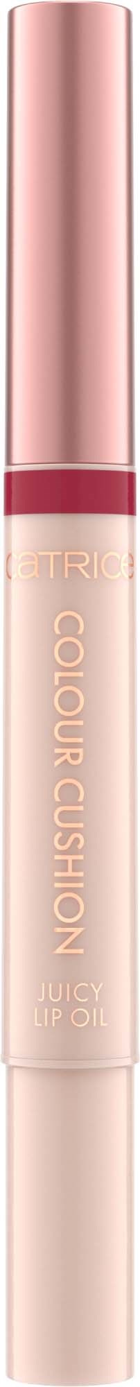 Een lipgloss tube met roze dop en beige lichaam, met de tekst 'Color Cushion' en 'Juicy Lip Gloss.'