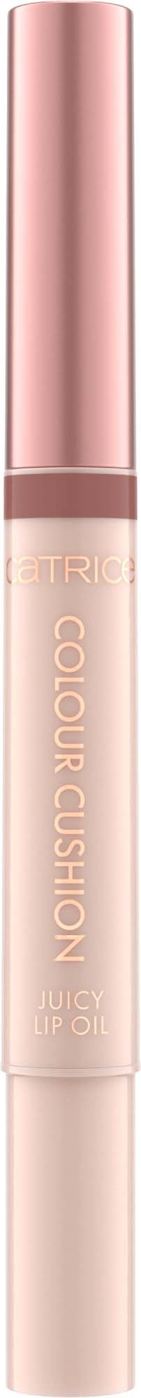 Een slanke beige lipgloss-tube met lichtroze dop, gemerkt 'Colour Cushion' en 'Juicy Lip Oil.'