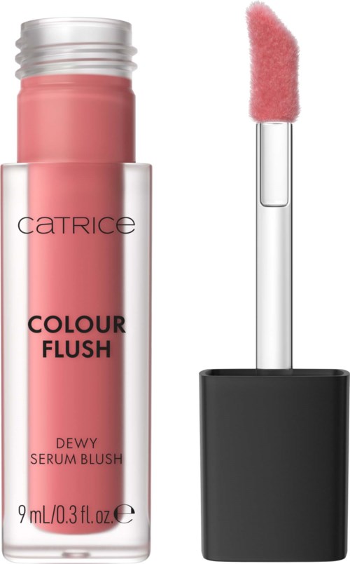 Rosa flytande blush i en transparent flaska med svart lock, tillsammans med en svampapplikator.