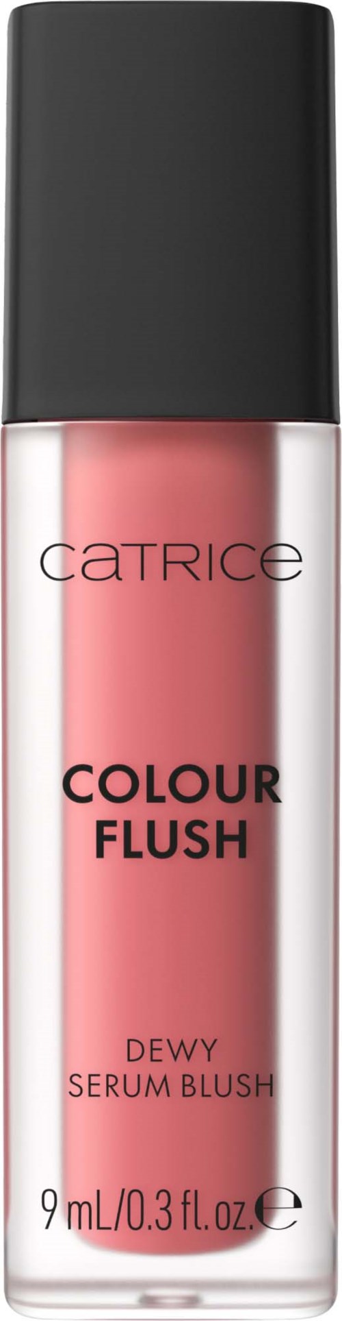 En flaska med Catrice Colour Flash Dewy Serum Blush, rosa vätska inuti, med svart lock och etikett.