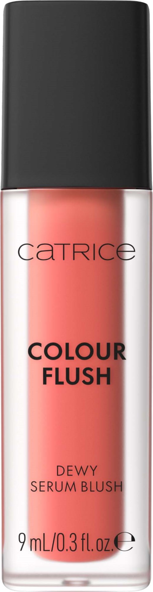 Ett läpp- och kinderblush i en genomskinlig flaska med svart lock, märkt Catrice Colour Flush Dewy Serum Blush, 9 ml.
