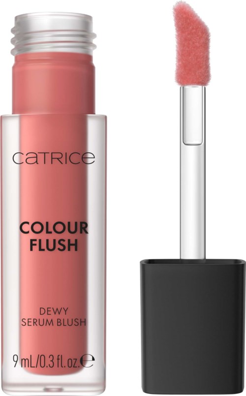 En rosa flytande rouge i en genomskinlig flaska med svart lock och rosa svampapplikator.