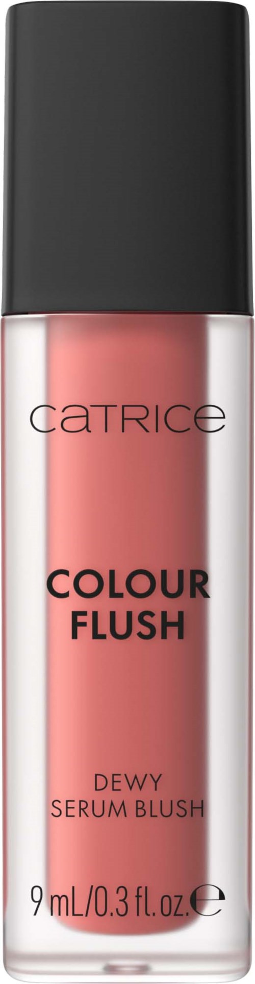 Flaska med CATRICE Colour Flush Dewy Serum Blush i ljusrosa med svart lock.