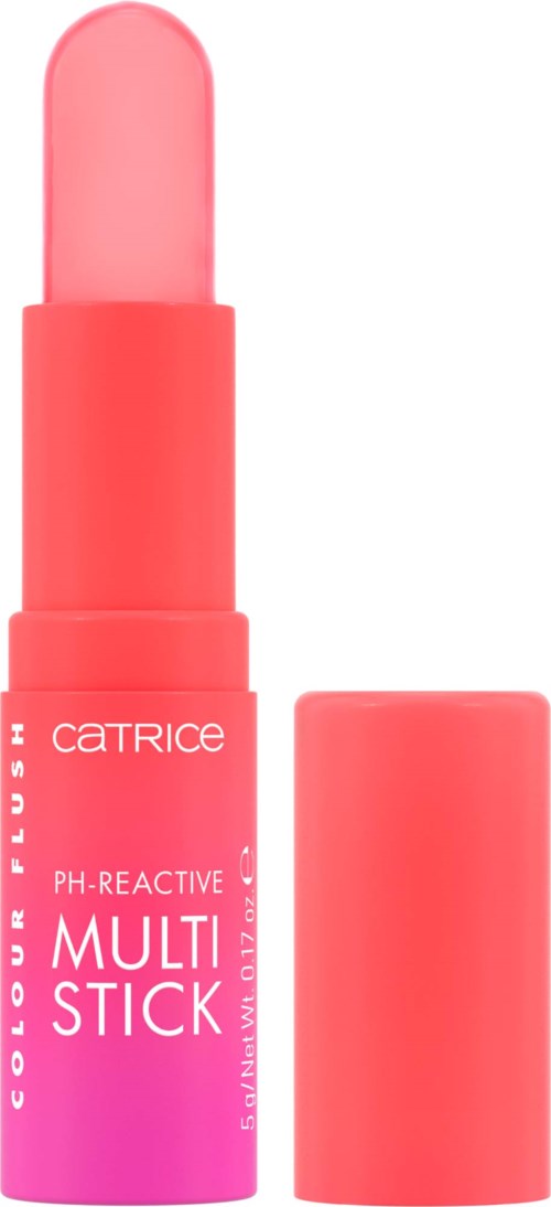 Pink läppstift med matchande lock, märkt 'Catrice' och 'Multistick' på tuben.