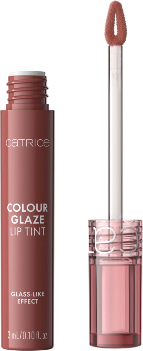 En leppestiftbeholder med spoleapplikator, merket 'Catrice Colour Glaze Lip Tint,' i rosa toner.