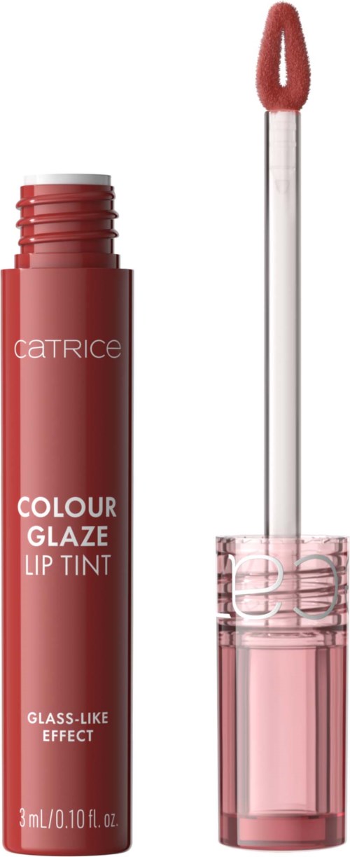 Een rood lip tint tube met een lange applicator, gelabeld 'Color Glaze Lip Tint' door Catrice, laat het product zien.