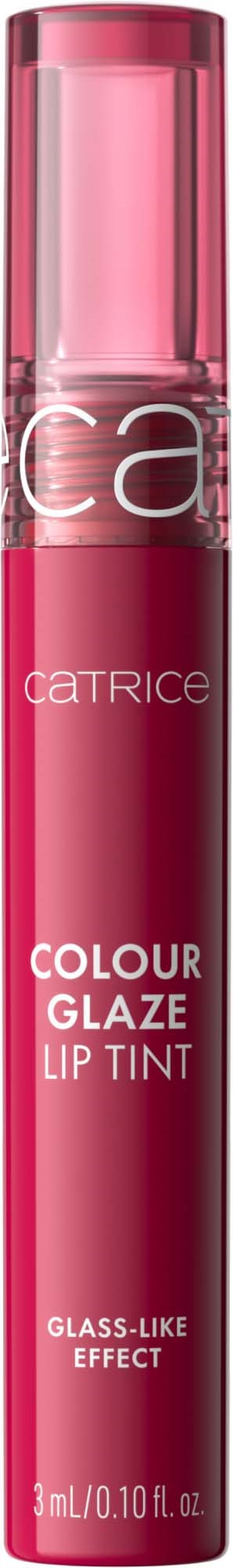 Rosa leppglansrør med klart lokk, merket "Catrice Colour Glaze Lip Tint" med glasslignende effekt.