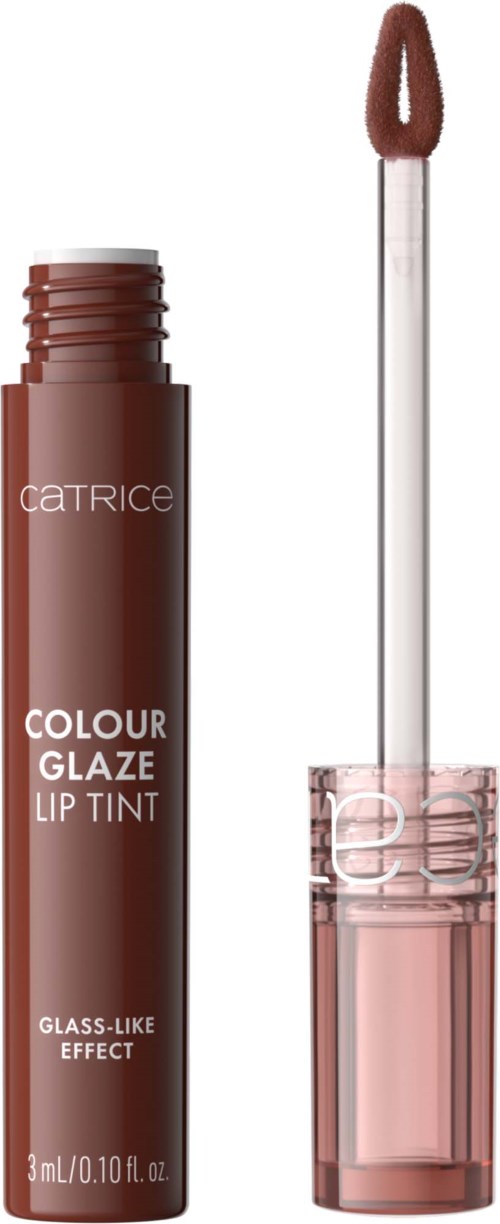 En brun lip gloss-flaske med påføringspensel ved siden av, merket 'Catrice Colour Glaze Lip Tint'.