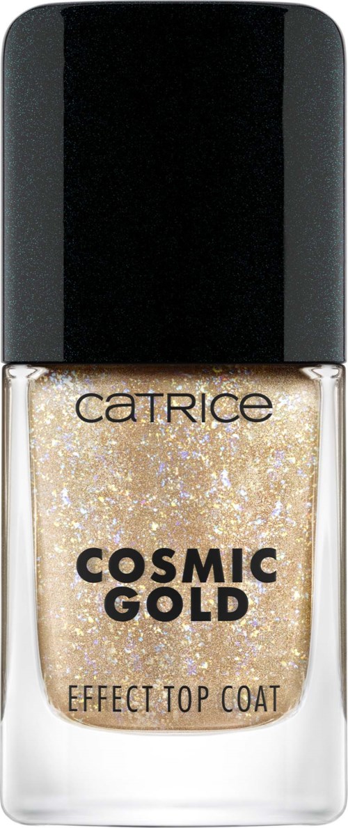De fles bevat glanzende gouden nagellak met zwarte en chroomgrijze dop, gemerkt 'Catrice Cosmic Gold Effect Top Coat.'