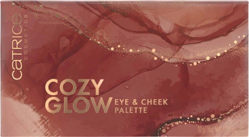 Varumärket och produkten visas; varma röda och gyllene färger, abstrakt design, lätt vikt. CATRICE COSMETICS Cozy Glow-paletten.