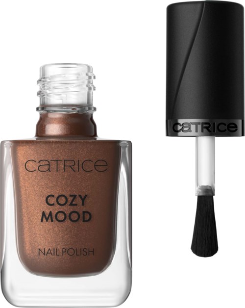 Nagellakfles met zwarte dop en kwast, gemarkeerd Catrice Cozy Mood.