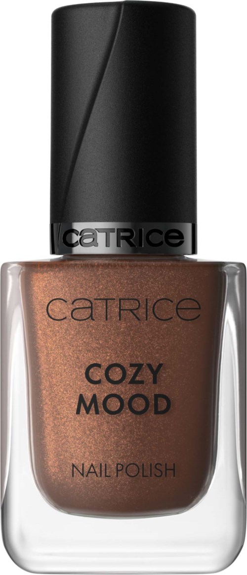 Catrice Cozy Mood nagellak fles met zwarte dop en glanzende beige lak.