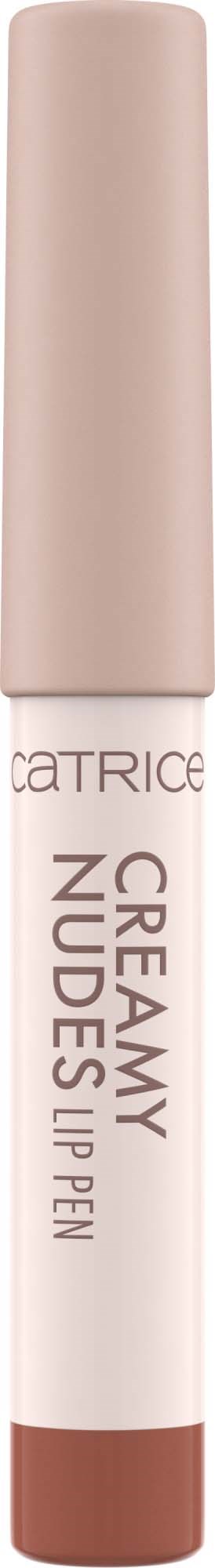 A lip pencil with a beige cap and white body, labeled "Cremy Nudes" by Patrice.