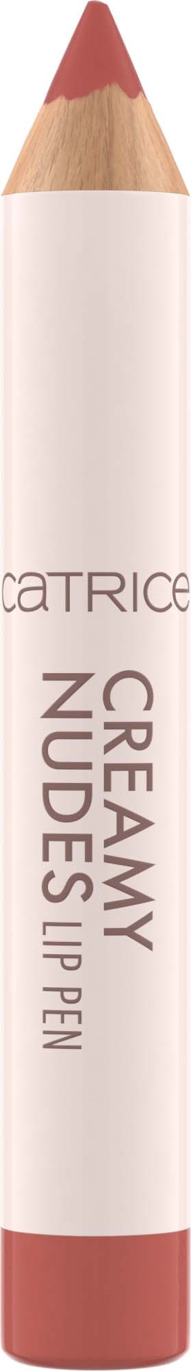A nude lip pencil with a pinkish tip and a white body, labeled as CATRICE Creamy Nudes Up Pen.