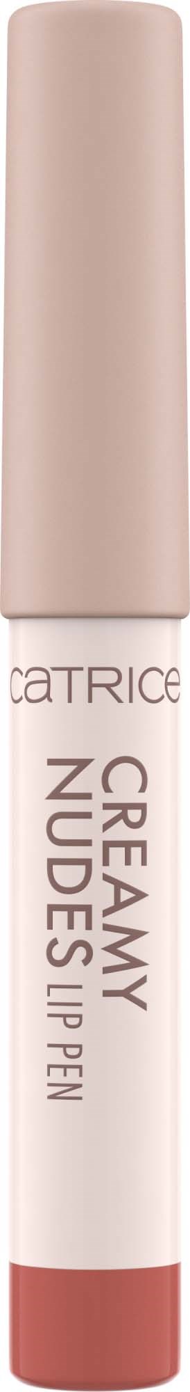 A lip balm stick labeled 'Catrice Creamy Nudes Lip Pen' with a light beige cap and a pink bottom.