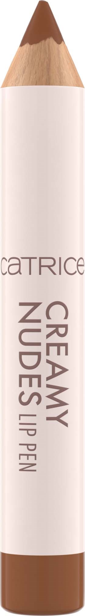 A white cosmetic pencil with a brown tip and bottom, labeled as CATRICE NUDES UP PEN for lips.