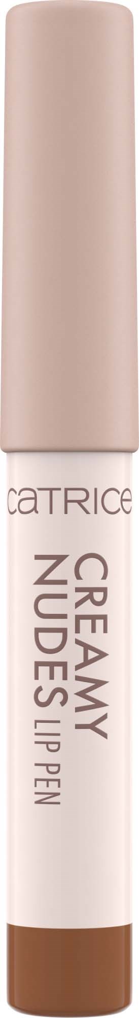 A beige and white lip pen with brown tip, labeled "CATRICE CREAMY NUDES".