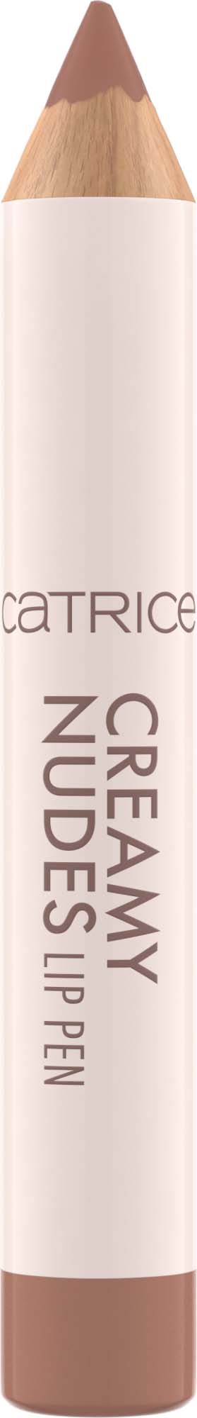 A beige lip pencil with a pointed tip and a cap, labeled 'CATRICE CREAMY NUDES LIP PEN.'