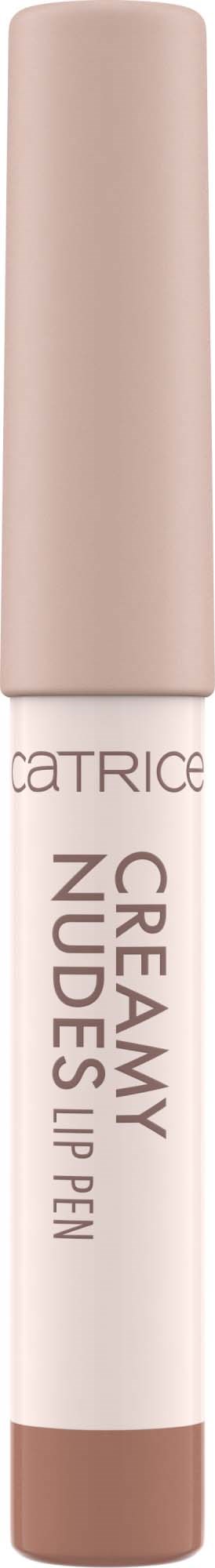 A beige lip balm stick labeled 'Creme Nude' with a brown bottom. Brand name 'Catrice' is also on it.