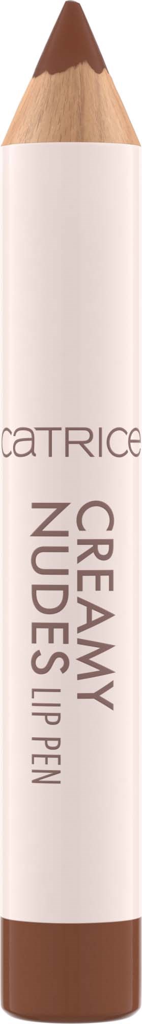 A beige and brown-colored makeup stick labeled 'Catrices Creamy Nudes Lip Pen.'