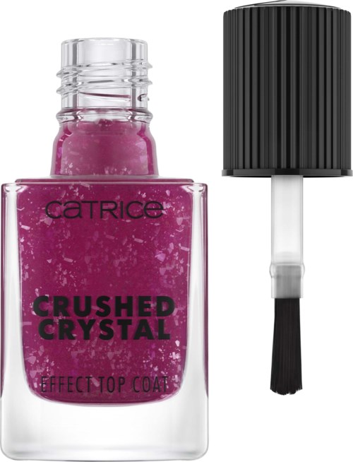 Nagellack i rosa i en tydlig flaska med svart lock och borste. Märke är Catrice, kallad Crushed Crystal.