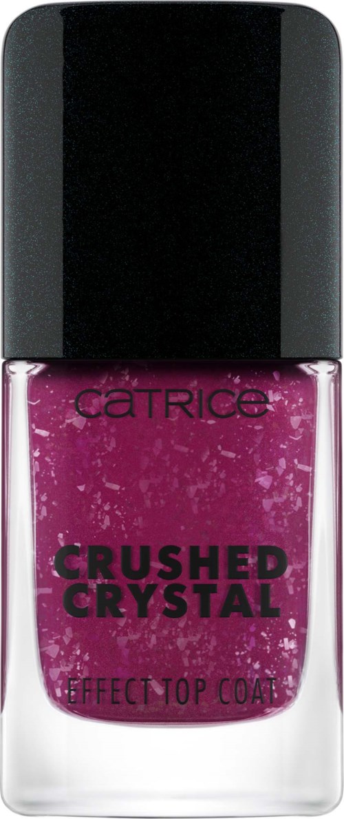 En nagellackflaska med lila färg, svart lock och branding på framsidan. Innehåller crush crystal-effekt topplack.