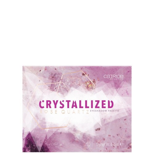 Pink og lilla øyeskyggepalett kalt 'Crystalized Rose Quartz' av Catrice med geometrisk design på omslaget.