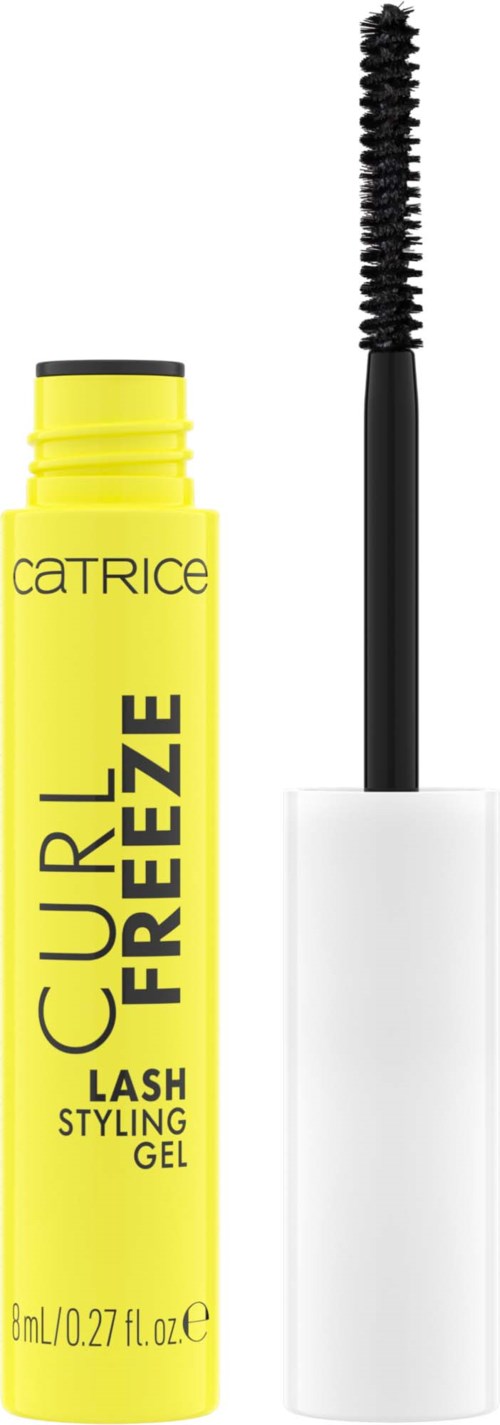Geel container met Catrice lash styling gel en zwarte borstel, tekst beschrijft het als curl freeze.