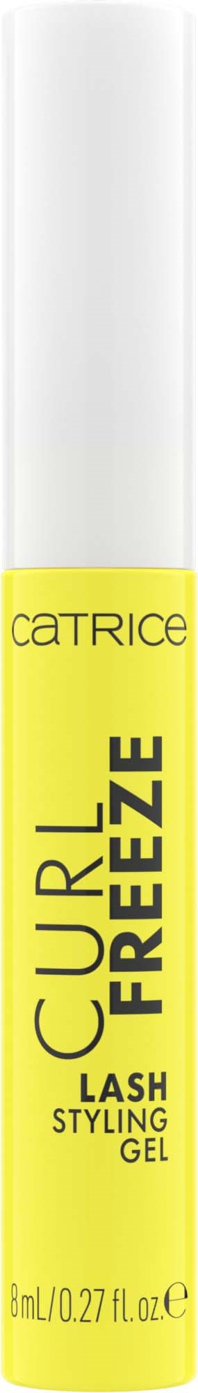 Een witte en gele tube Catrice Curl Freeze Lash Styling Gel. Het wordt gebruikt voor wimpers.