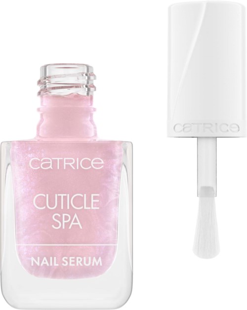 Pink nagelserum i en genomskinlig flaska med vit lock och borste bredvid. CATRICE-logga på flaska och lock.