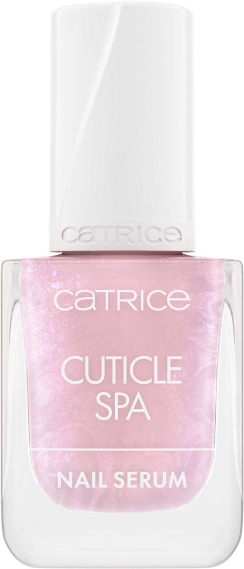 En flaska rosa nagelserum som heter Catrice Cuticle Spa, med vit lock och enkel etikett.