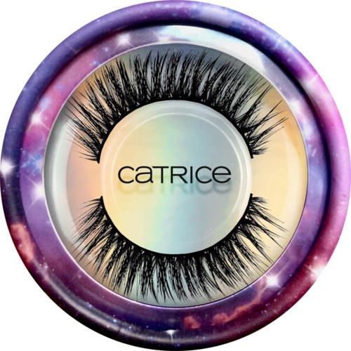 Cosmetic false eyelashes in a round container with a space-themed purple and pink cover.