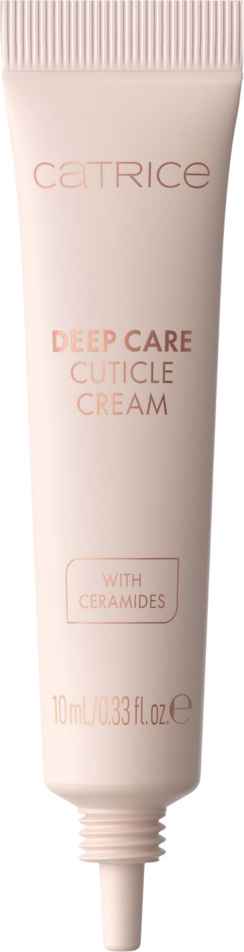 Een tube Catrice Deep Care Cuticle Cream met ceramiden, 10 ml, in een lichtroze en witte verpakking.