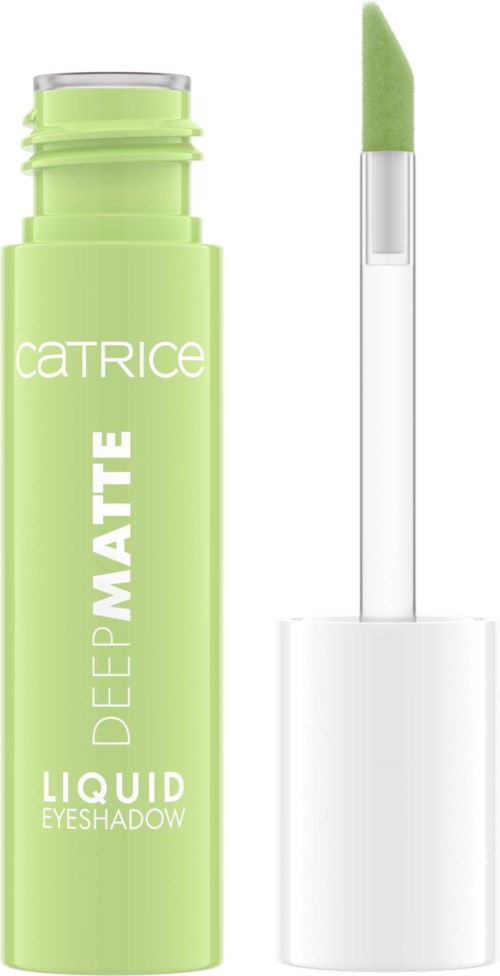 Een groen vloeibare oogschaduwpen met applicator ernaast. Het merk is Catrice.