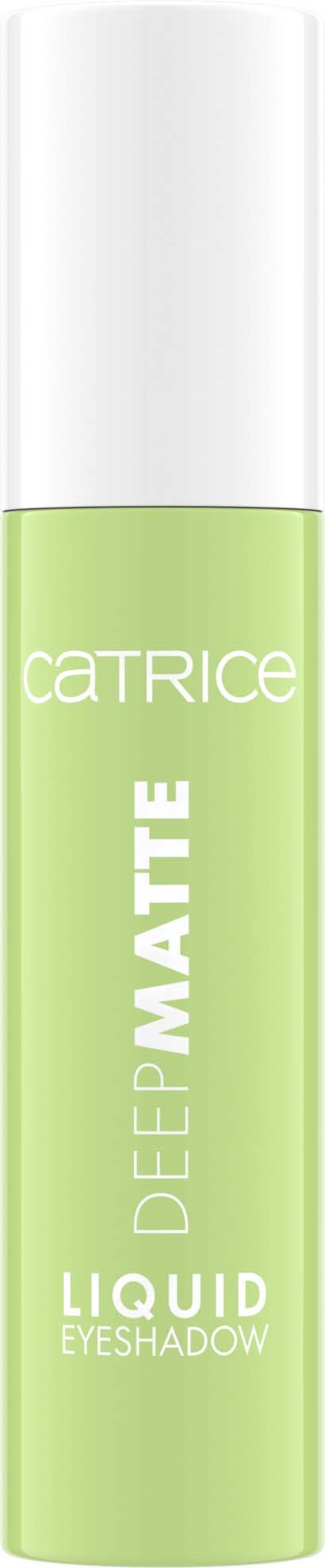 Een groene vloeibare oogschaduwtube met witte dop, gemerkt 'Catrice Deep Mat Liquid Eyeshadow.'