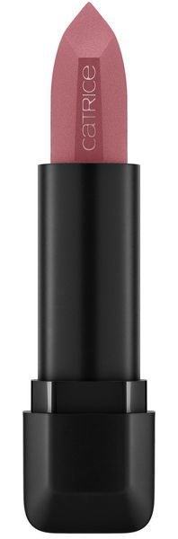 Ein pinkfarbener Lippenstift mit schwarzem Gehäuse, Markenname 'Catrice'.