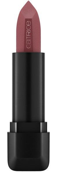 Ein Lippenstift mit schwarzem Gehäuse und rosa-braun Farbe, beschriftet "Catrice".