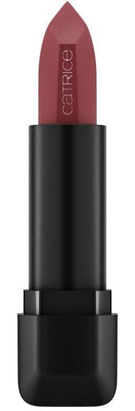 Ein Lippenstift in schwarzer Verpackung mit rotbrauner Farbe und Markennamen 'Catrice'.