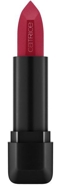 Ein Lippenstift mit schwarzem Gehäuse und pink-roter Farbe, mit der Aufschrift 'Catrice'.